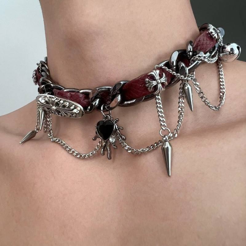 Sairentou-Leather Chrome Choker - Tensho.clo